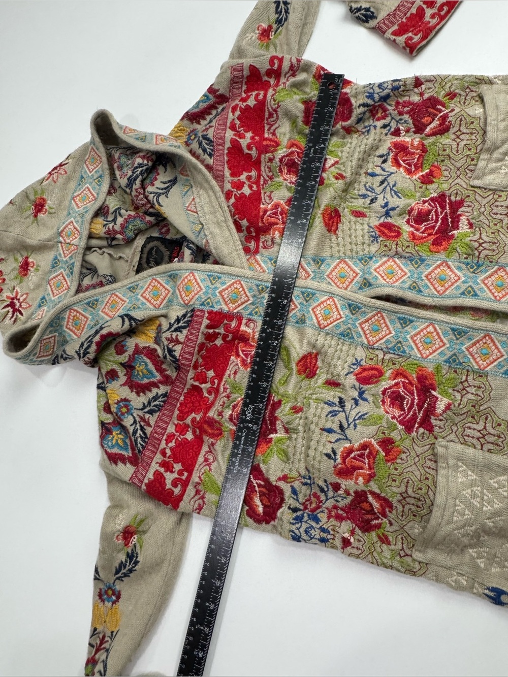 JOHNNY WAS BIYA HOODED OPEN CARDIGAN Sweater Sz S Tan Multicolor Embroidered - Picture 5 of 12